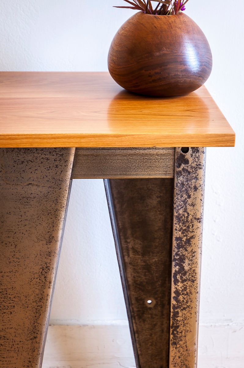 Custom Salvaged Steel & Solid Cherry Wood End Table
