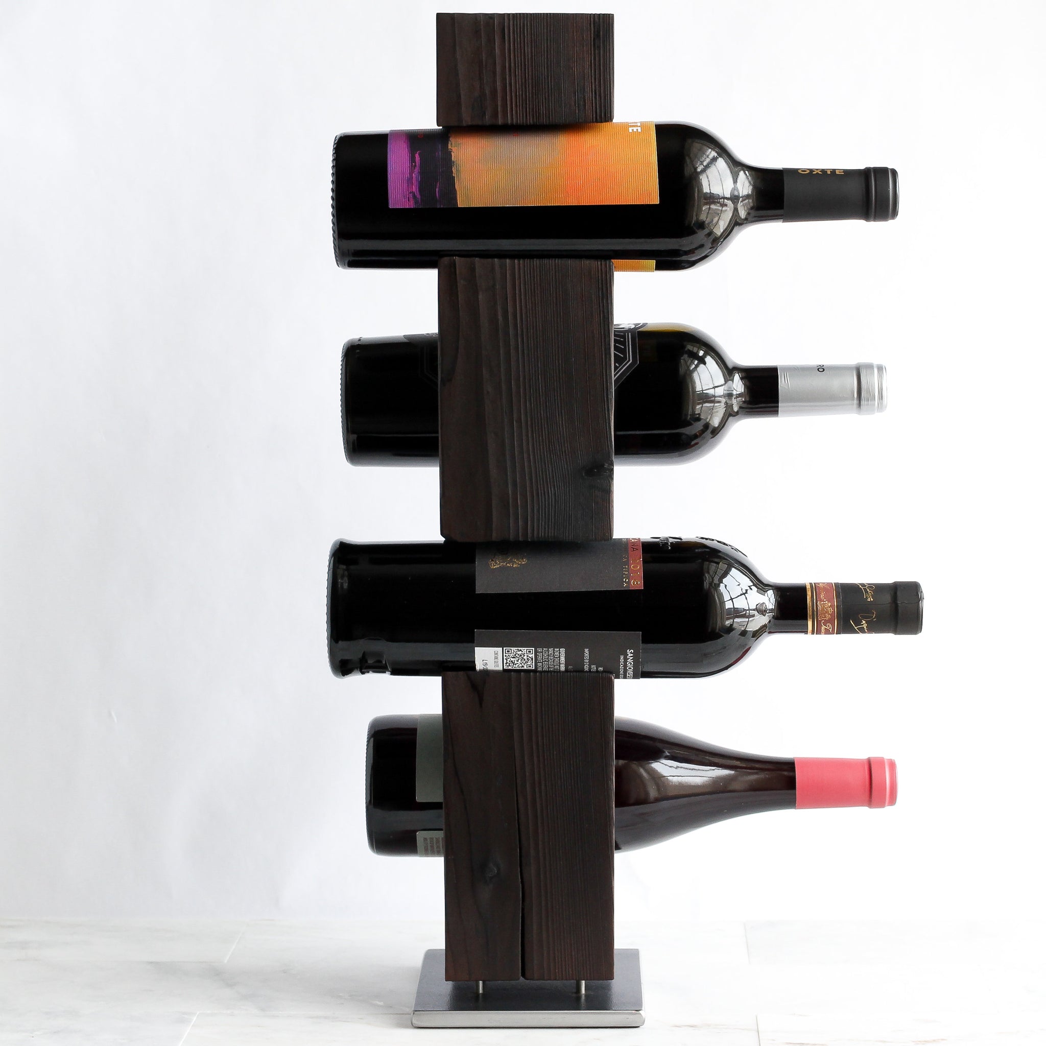 Shou Sugi Ban Tabletop Wine Rack, Charred Cedar with Welded Steel Base