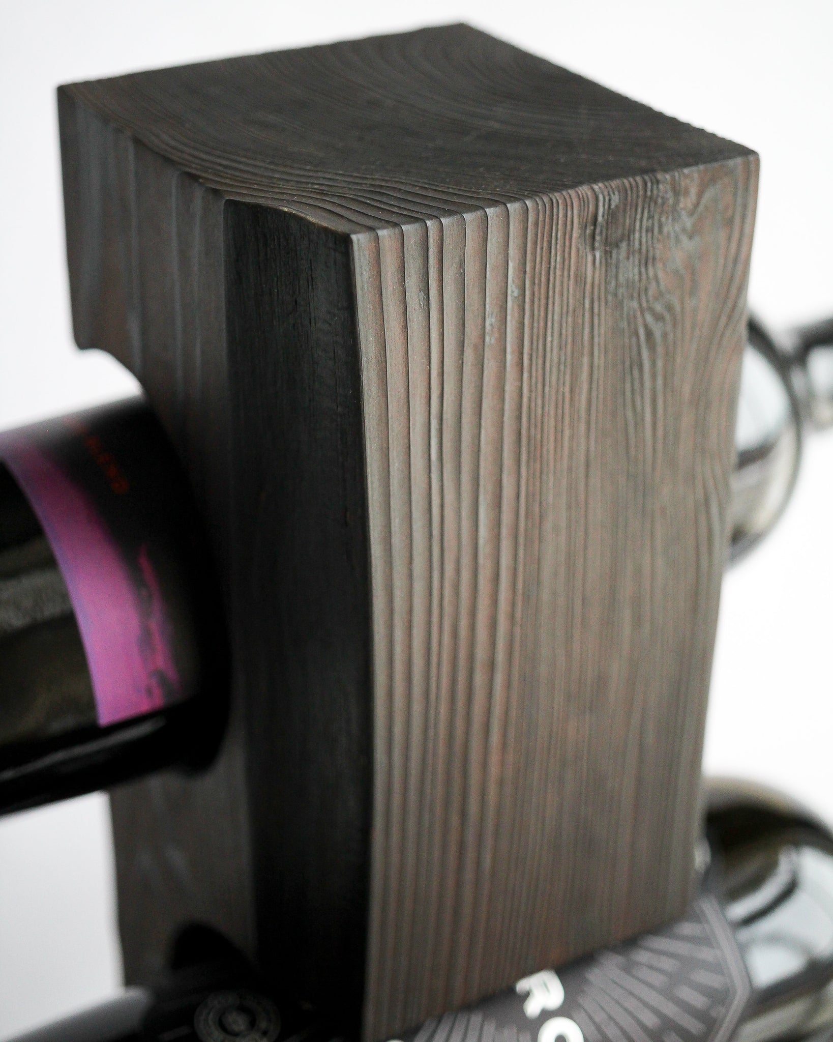 Shou Sugi Ban Tabletop Wine Rack, Charred Cedar with Welded Steel Base