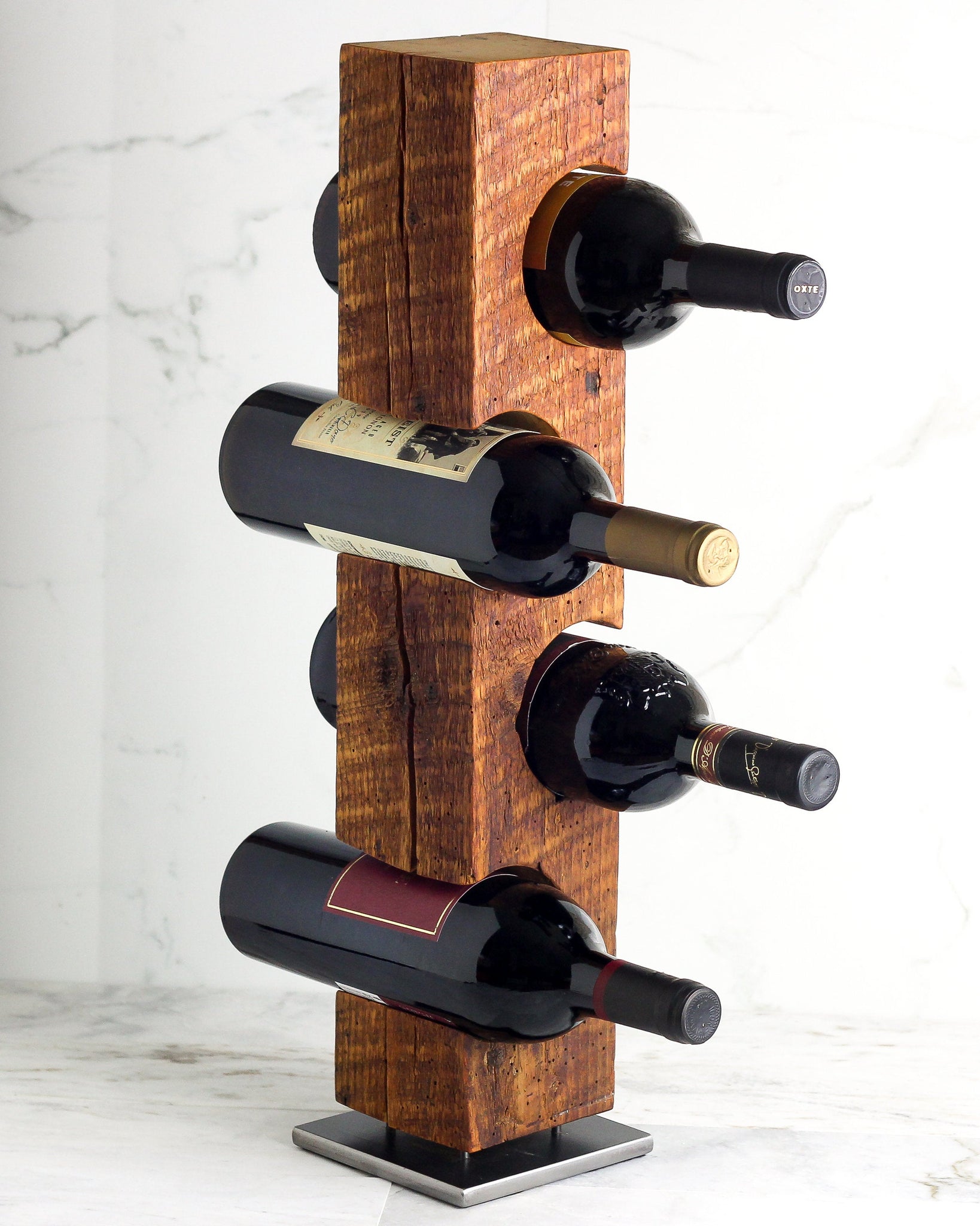 Wine Rack from late-1800s Vermont Barn Wood, Free Standing with Welded Steel Base